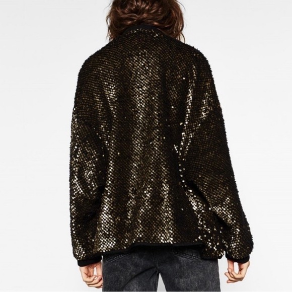Zara oversized faux fur sequin bomber jacket black gold medium - Picture 4 of 12